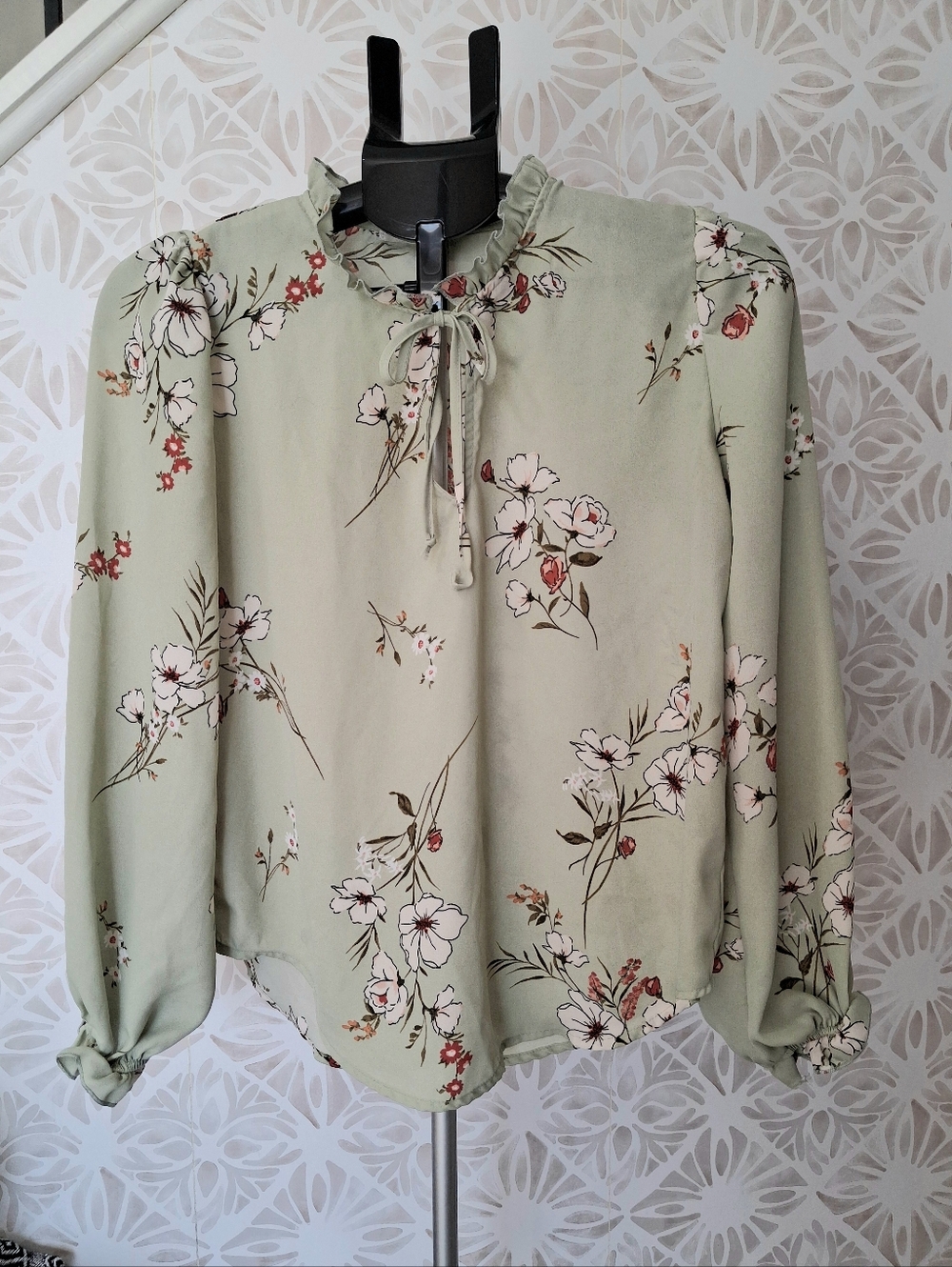 Timing Ruffeled Neck Sage Green Floral Tie-Neck Blouse